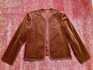M-L/ 70’s Brown Velvet Jacket with Braided Trim, Puffed Sleeve Cottagecore/Dark Academia Blazer