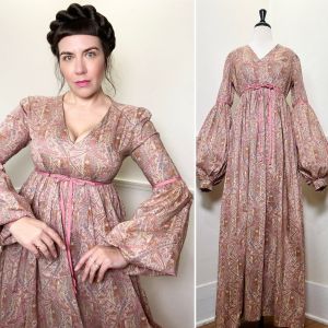 S - M | 1970s Vintage Cotton Floral Paisley Maxi Dress with Lantern Sleeves by Scarlet Speedwell