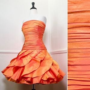 Small - Size 8 | Y2K Vintage Shimmering Orange Strapless Mini Dress by Tadashi | Prom Dress