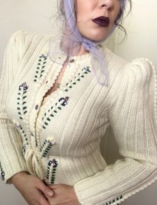 L to XL | 1980's Vintage Tyrolean-Style Floral Knit Cardigan by C & A - Fashionconstellate.com
