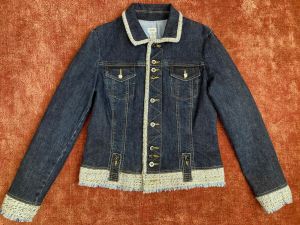S-M/ 90’s Cache Denim Jacket, Button Up Jean Jacket with Tweed Trim, Detailed Dark Wash Denim