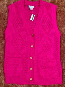 S-M/ 80’s Hot Pink Sweater Vest, Loose Knit Argyle Sweater Vest with Wooden Buttons by Townhouse