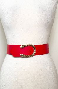 Curvy- Extra Large | 1990's Vintage Red Belt with Gold Double Tiger Head Buckle | Vegan Leather