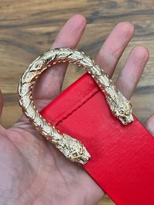 Curvy- Extra Large | 1990's Vintage Red Belt with Gold Double Tiger Head Buckle | Vegan Leather - Fashionconstellate.com