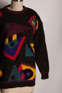 1980s Black Flecked Multi-Colored Geometric Abstract Funky Knit Long Sleeve Pullover Sweater - L - Fashionconstellate.com