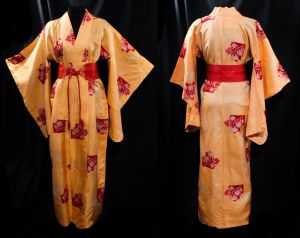 Orange Kimono Robe - Japanese Red Ikat Floral Silk Asian Lounge Wrap - Beautiful Hand Sewn Authentic