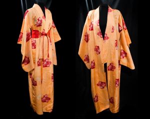 Orange Kimono Robe - Japanese Red Ikat Floral Silk Asian Lounge Wrap - Beautiful Hand Sewn Authentic - Fashionconstellate.com