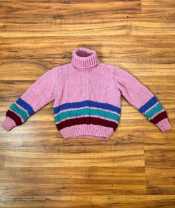 Toddler 3T | 1980's Vintage HAND KNIT Pink Striped Wool Turtleneck Sweater - Fashionconstellate.com