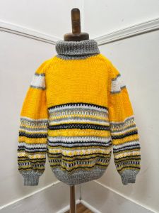 Toddler 3-4T | 1980's Vintage HAND KNIT Yellow and Gray Striped Turtleneck Sweater