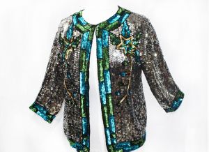 Shooting Stars Sequin Jacket - Silver Metallic 1980s 90s Evening - Open Front - Black Turquoise Blue