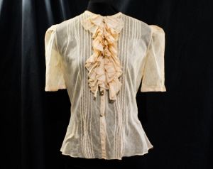 1930s Sheer Blouse - Medium Size 8 Authentic 30s Short Sleeve Top - Button Front Jabot Ruffle