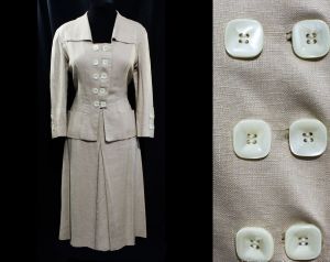 1950s Linen Suit - Medium Size 10 Tailored Summer Jacket & Skirt - Late 40s Early 50s Flax Beige 