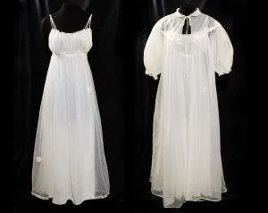 1950s White Lingerie - Medium Size 10 Wedding Night Trousseau Nightgown & Robe Set - Nylon Tricot 