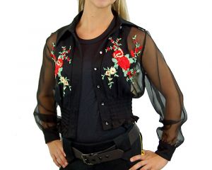 1970s sheer blouse, black red embroidered, flowered blouse, boho blouse, Size Small