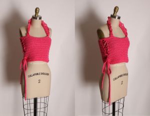 1970s Pink Crochet Halter Top Corset Lace Up Side Halter Crop Top - M
