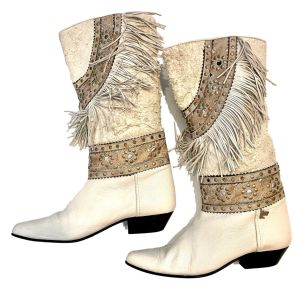 80s White Fringe Suede & Leather Western Boots | Margaret J Cowboy Boots | size 8N - Fashionconstellate.com