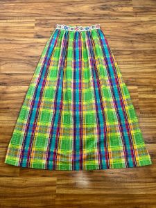 Small - 27'' Waist | 1970's Vintage Madras Plaid Maxi Skirt with Needlepoint Waistband - Fashionconstellate.com