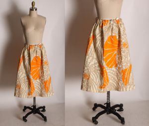1960s Orange and Beige Elastic Waist Knee Length Abstract Print Skirt - M-L
