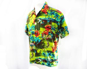 Men's Large Aloha Shirt - 1960s 70s Mens Hawaiian Rayon Casual Top - Lime Green Tropical Island Map - Fashionconstellate.com