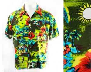 Men's Large Aloha Shirt - 1960s 70s Mens Hawaiian Rayon Casual Top - Lime Green Tropical Island Map