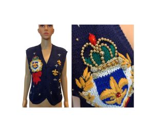 80s Baroque Embroidered Sweater Vest | Vintage Knit Trophy Vest | Crown Beaded Fleur de Lis