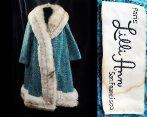 Lilli Ann Swing Coat - 50s 60s Turquoise Blue Mohair Tweed & Sublime Fox Fur Trim - Posh Large XL 