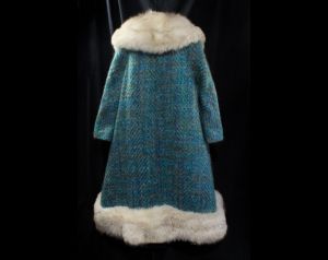 Lilli Ann Swing Coat - 50s 60s Turquoise Blue Mohair Tweed & Sublime Fox Fur Trim - Posh Large XL  - Fashionconstellate.com