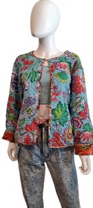 1980s Quilted Reversible Floral Collarless Jacket Blue Floral Sienna Floral Large
