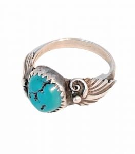 Robert Shakey Native American Turquoise and Sterling Leaf Ring Sz 8