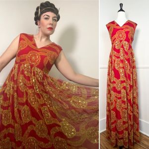 Extra Large | 1960's Vintage Red and Gold Metallic Brocade Maxi Gown
