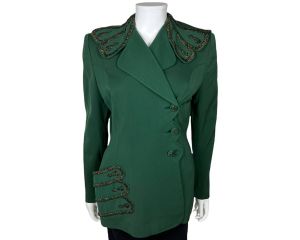 Vintage 1940s Ladies Suit Jacket Green Gabardine w Beading Russeks Linada Originals