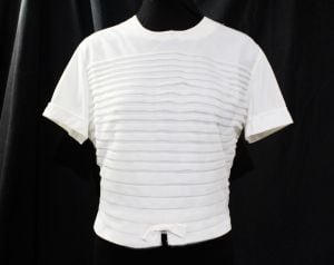 Large 1960s Blouse - Mid Century 60's White Secretary Top - Two Layer Nylon Tricot - Short Sleeve