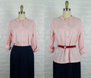 1950s blouse .  50s pink button up long sleeve shirt . medium