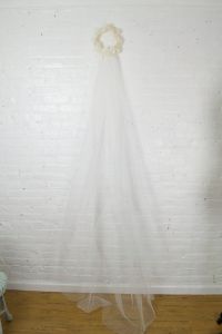 1960s long cathedral wedding veil with floral wreath headpiece by Priscilla of Boston