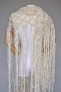 1920s art deco ivory silk ribbon knotted fringe shawl wrap - Fashionconstellate.com