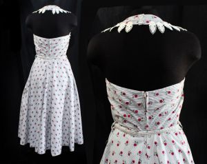 1950s Sun Dress - Small 50s Red Black Gray Striped Floral Print Cotton - 50s Buxom Full Skirted - Fashionconstellate.com