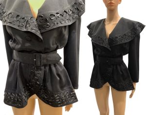 80s does Victorian Wide Collar Belted Black Ribbon Detail Baroque Blazer Jacket | XS/S