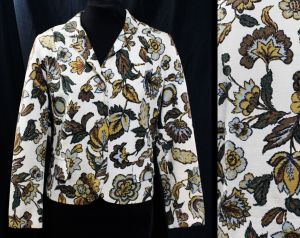 1960s Floral Suit Jacket Medium Size 10 Antique Inspired Flemish Flowers Cotton - Beige Khaki Brown