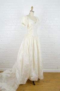 1990s Carolina Herrera wedding dress . vintage short sleeved beaded silk ballgown with train - Fashionconstellate.com