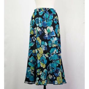 90s Skirt Reversible Black Turquoise Blue Floral Print by MoLLY & MaXX | Vintage Misses S