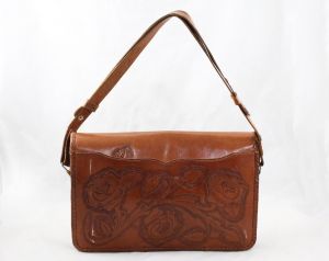 1940s Tooled Leather Purse - 40s 50s Western Rockabilly Shoulder Bag - Caramel Brown Roses Purse  - Fashionconstellate.com