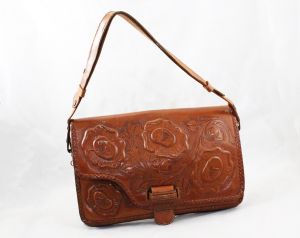 1940s Tooled Leather Purse - 40s 50s Western Rockabilly Shoulder Bag - Caramel Brown Roses Purse 