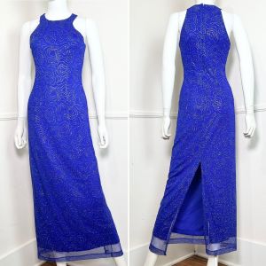 Small top Medium - Size 7/8 | Y2K Vintage Blue Glitter Maxi Gown by All That Jazz | Prom Dress