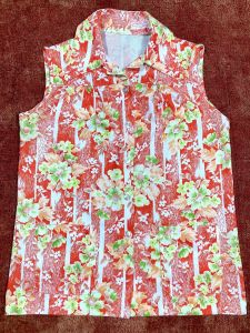 M/ Vintage Floral Polyester Tank Top, 60’s Tropical Flower Print Blouse with Dagger Collar