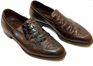 60s 70s MOD Brown Leather Loafers Alligator Tops | Men 8 - 8.5 Women 10 - 10.5