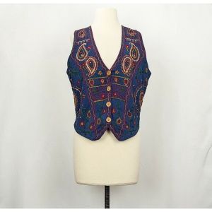 90s Vest Blue Floral Paisley Embroidered Button Front by Solutions | Vintage Misses M