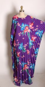 1980s Purple, Blue and Pink Hawaiian Hibiscus Floral Flower Caftan Muu Muu Dress by Royal Creations - Fashionconstellate.com