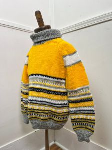 Toddler 3-4T | 1980's Vintage HAND KNIT Yellow and Gray Striped Turtleneck Sweater - Fashionconstellate.com
