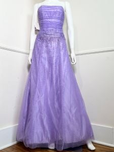 Medium- Size 7 | Y2K Vintage Lavender Mesh Glitter Gown by Jessica McClintock | NEW WITH TAGS - Fashionconstellate.com