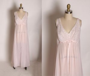 1960s Light Pink and White Sheer Lace Bodice Sleeveless Full Length Night Gown by Vanity Fair - L